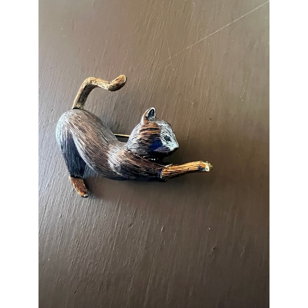 LC Cat Brooch Two Tone Silver Gold Stretching Feline Whimsical Kitty Animalier